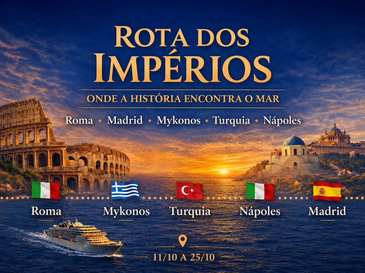 Arte promocional Rota dos Impérios 2026 Rigue Viagens