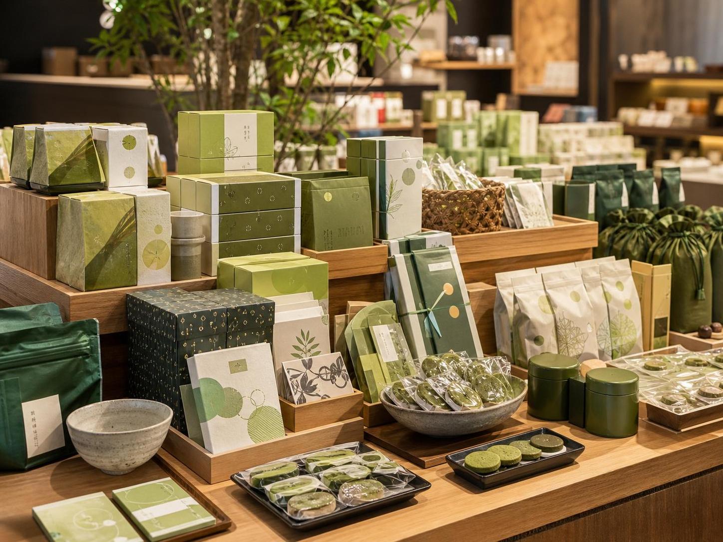 Produtos de matcha e chá verde em loja japonesa