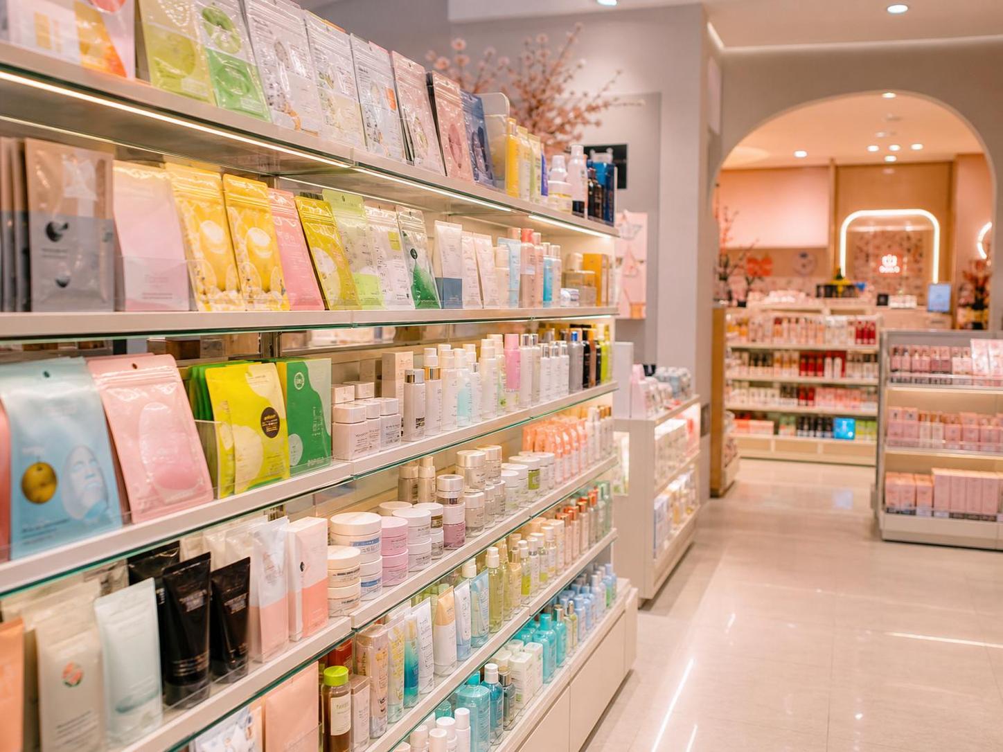 Cosméticos e produtos de skincare em prateleira de loja japonesa