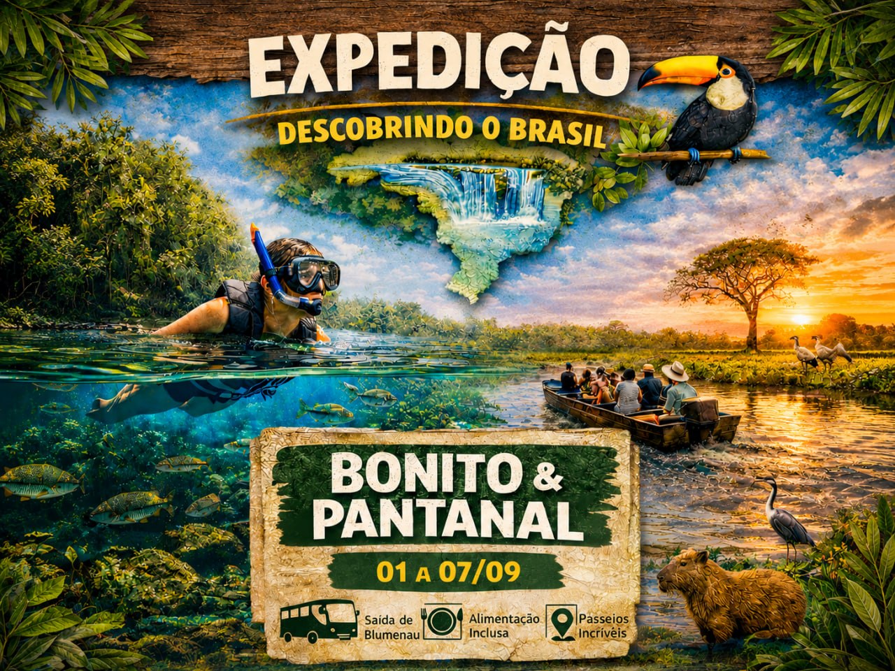 Arte promocional Bonito e Pantanal 2026 Rigue Viagens